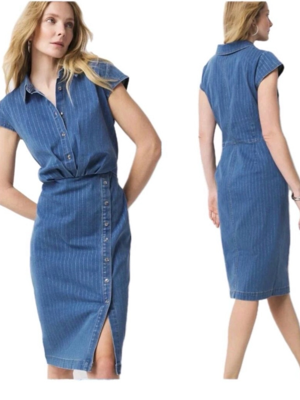 White House Black Market Blue Pinstriped Chambray Midi Dress
